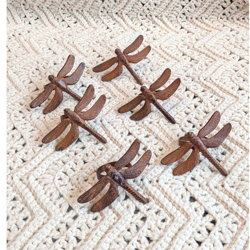 Set of 6 Vintage Pier 1 Cast Metal Dragonfly Napkin Rings Rustic Brown Decor